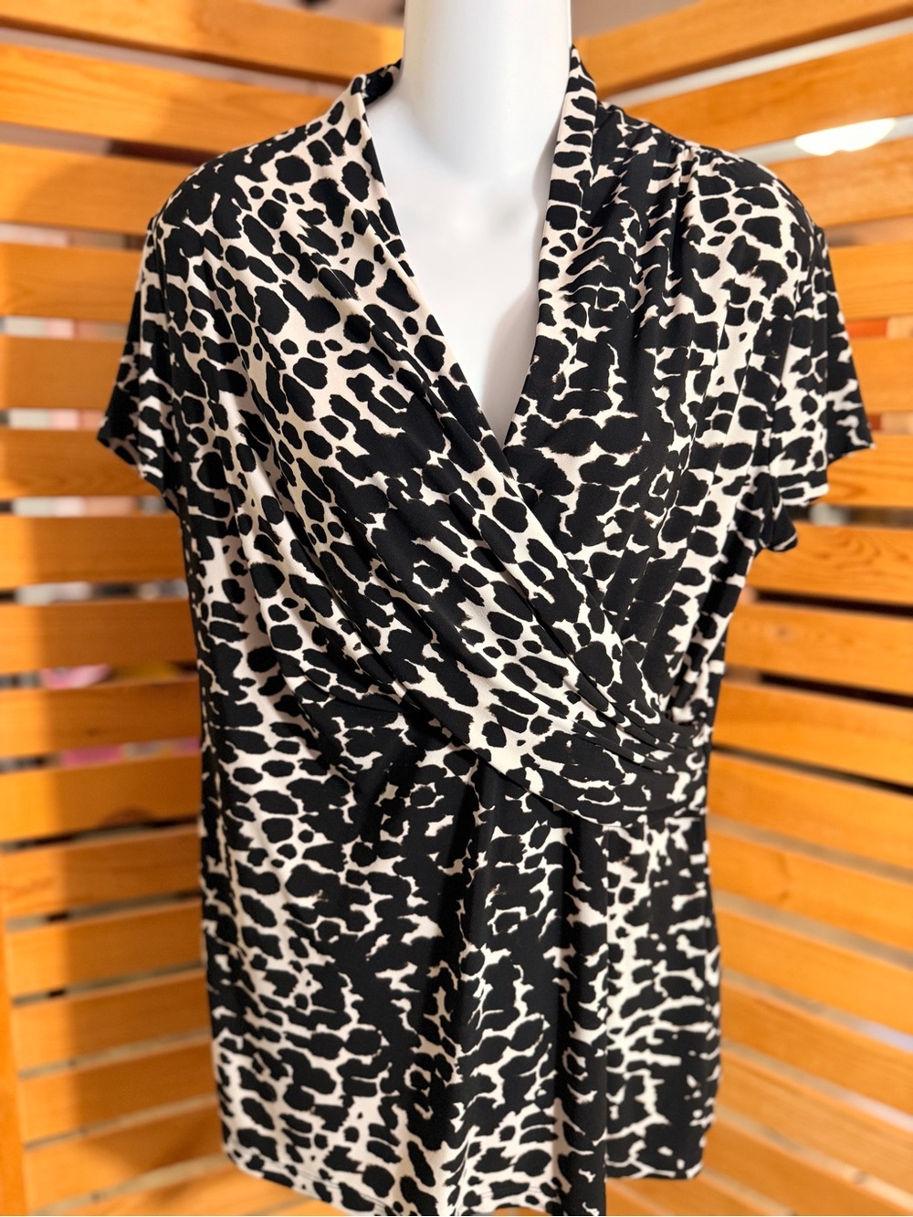 DKNY Black & Cream Animal Print Wrap-Front Blouse